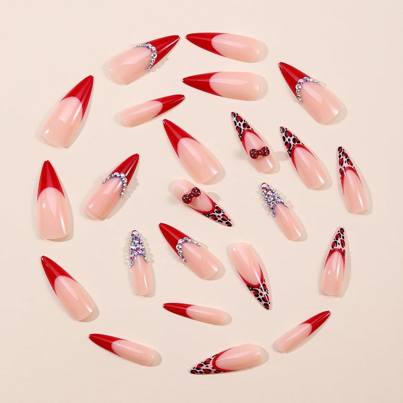 ASABITE 24Pcs Long Stiletto Press on Nails Red French Tip Fake Nails with 3D Bow Leopard Rhinestone Design Artificial False Nails Long Almond Nails Press ons Handmade Glue on Nail for Women Nail Decoration - Image 2